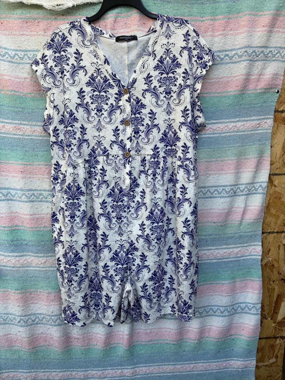 White & Navy Blue Printed Button-Front Romper